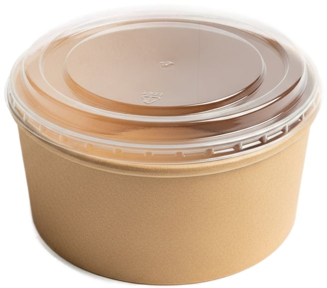 Illustrated round kraft food bowl with green stripe